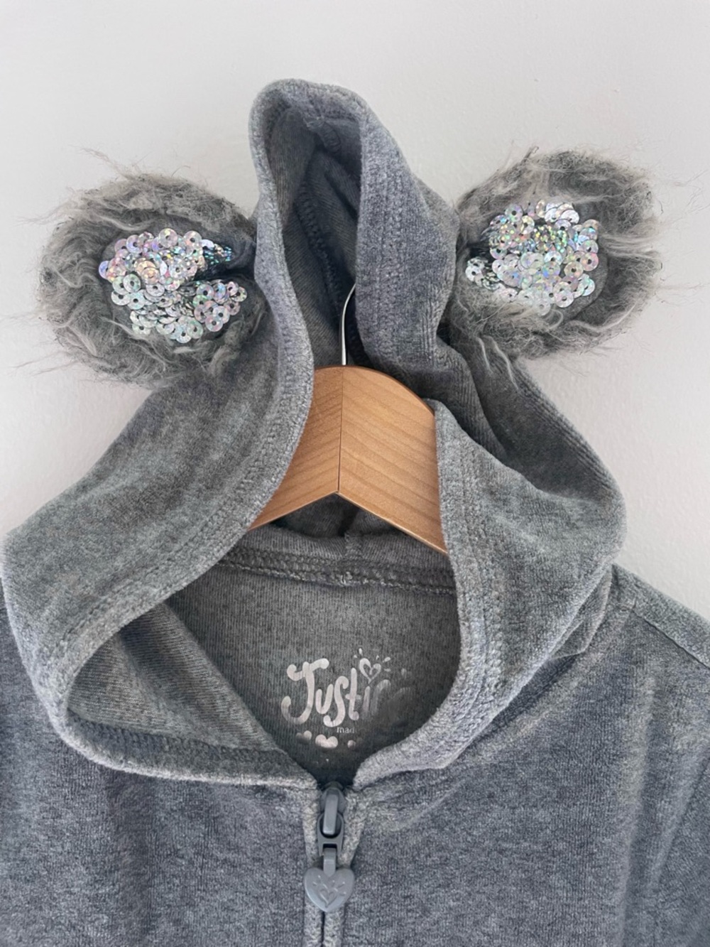 Sequin 3D Bear Ears Hoodie! Sequins on Ears, Pockets & Sleeves, Soft Gray Velour - Picture 5 of 14
